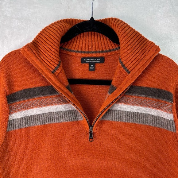 BANANA REPUBLIC Orange Italian Merino Wool Stripe Mock Neck 1/2 Zip Sweater Sz M - Picture 11 of 12